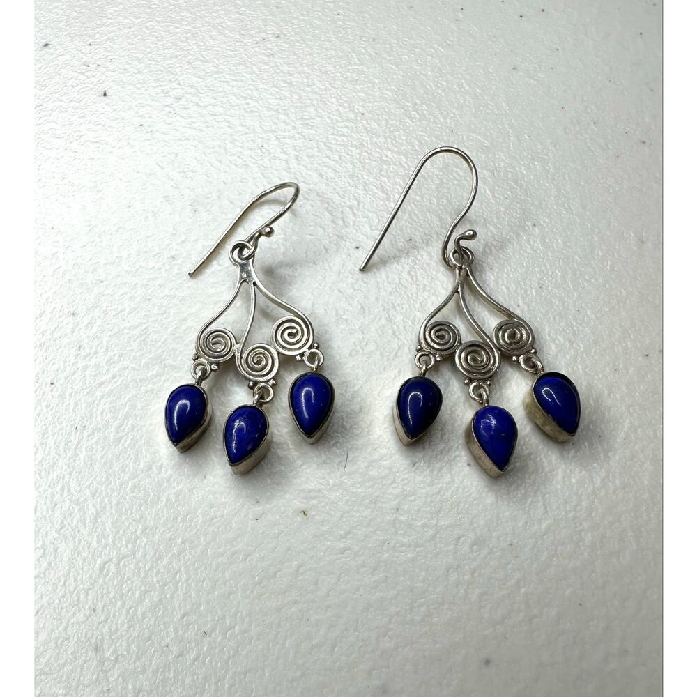 Vintage 925 Sterling Silver Lapis Lazuli Chandelier Dangle Earrings Swirl Scroll